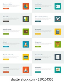 Website Headers or Promotion Banners Templates and Flat Icons Design. Analytics chart, Data archive folders, Banking services purse. Vector Illustration. 