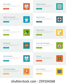 Website Headers or Promotion Banners Templates and Flat Icons Design. Options definition, Support services, Graphic design. Vector Illustration. 