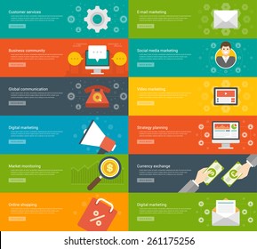 Website Headers or Promotion Banners Templates and Flat Icons Design. Digital marketing megaphone, Market monitoring magnifier glass, On-line shopping bag. Vector Illustration. 