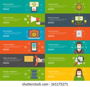 Website Headers or Promotion Banners Templates and Flat Icons Design. Mobile payments smart phone, Digital marketing hand hold megaphone, On-line banking, laptop, money bag. Vector Illustration. 