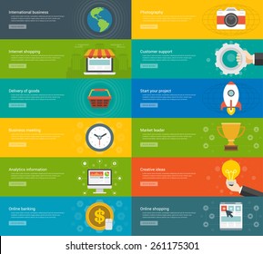 Website Headers or Promotion Banners Templates and Flat Icons Design. International business, internet shopping, delivery. Vector Illustration. 