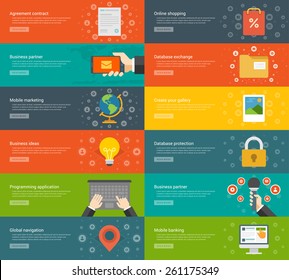 Website Headers or Promotion Banners Templates and Flat Icons Design. Agreement contract document, E-mail marketing han holding smart phone, Global business. Vector Illustration. 