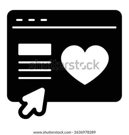 Website with heart and mouse pointer solid icon, charity concept. Vector graphics. Landing page, donation site sign on white background, style mobile or design