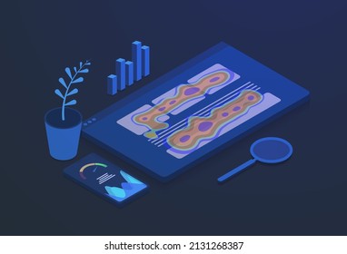 Ilustración de Heatmap Insights and Behavior Analytic Digital Tools del sitio web. Herramientas de seguimiento de optimización de sitios web de mapa de calor y velocidad de página concepto isométrico