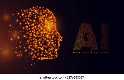 Website hero banner design, illustration of human face made by glowing molecule particle with AI text made by computer generate digital structure.