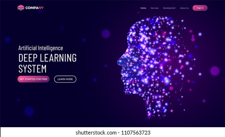 Website hero banner with illustration of human face made by glowing molecule particle for deep learning concept.
