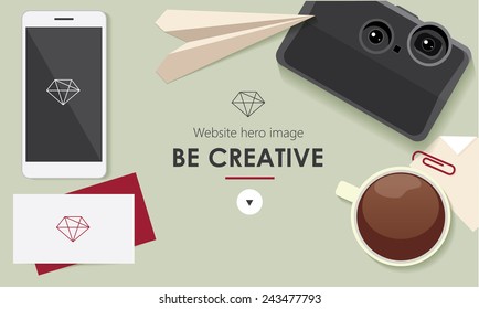 website hero image in flat design style- office work desk with mobile phone, paper plane, digital camera, business cards. paper and coffee cup