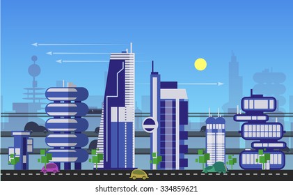 Website hero image in flat design style for web development purposes. Busy urban cityscape template with modern buildings, roads, futuristic traffic and park trees.