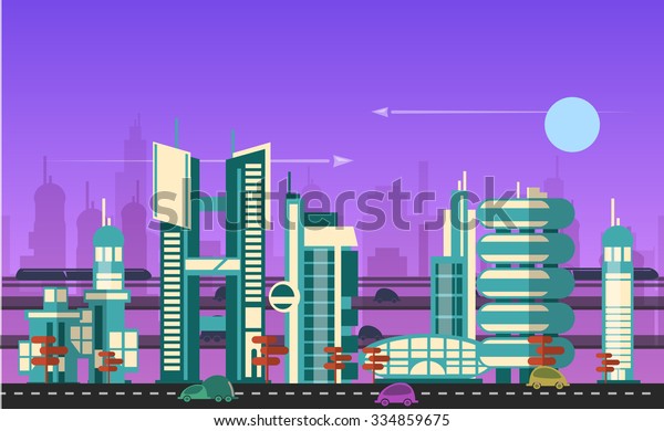 Website hero image in flat design
style for web development purposes. Busy urban cityscape template
with modern buildings, roads, futuristic traffic and park
trees.