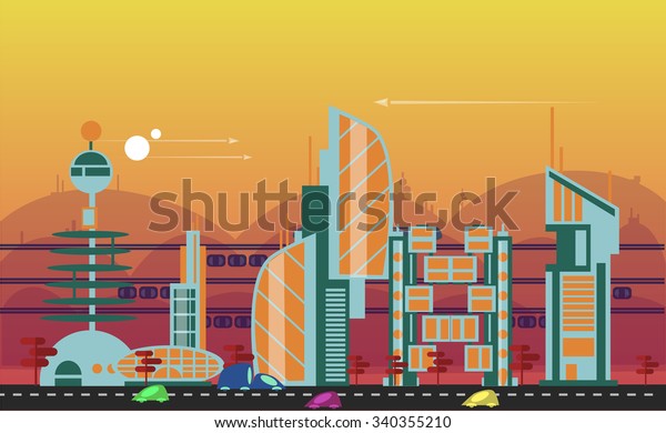 Website hero image in flat design
style for web development purposes. Busy urban cityscape template
with modern buildings, roads, futuristic traffic and park
trees.