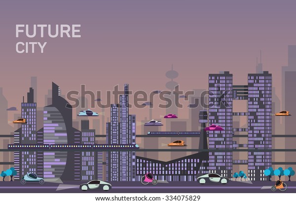 Website hero images in flat
design style for web development purposes. Busy urban cityscape
templates with modern buildings, roads, futuristic traffic and park
trees.