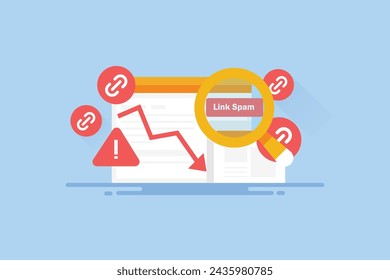 Sitio web golpeado por la actualización principal del motor de búsqueda, sitio web que pierde la clasificación y el tráfico para la construcción de enlaces de spam, acción manual para el spam de enlaces - ilustración vectorial con iconos