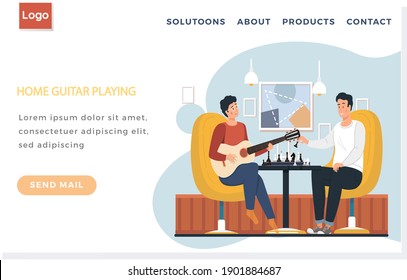 Website with home guitar playing concept. Guy with stringed musical instrument. Men play chess. People at home enjoying time with guitar. Friends move chess pieces in board game vector illustration