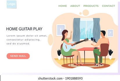 Website with home guitar playing concept. Guitarist is making music. Girl sings into microphone and records audio. Guy helps singer with recording of track. Musician plays strings on instrument