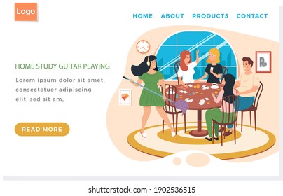 Website with home study guitar playing. People with board game. Girl with headphones imagine guitar. Woman plays mop like musical instrument. Friends having fun together. Landing page design layout