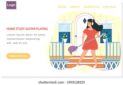 Sitios web de estudio de casa tocando guitarra. Chica con auriculares imagina guitarra en la puerta de la casa. Las mujeres tocan mop como instrumento musical. La persona crea música. El personaje femenino actúa mientras se limpia