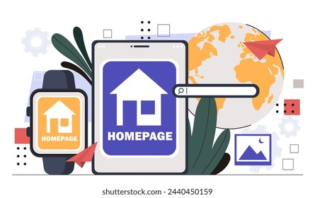 Concepto de página de inicio del sitio web. Pantalla del teléfono inteligente con la página web de inicio del sitio web. Gadget y dispositivo. Sistema de motor de búsqueda. Ilustración plana del vector de la historieta aislada sobre fondo blanco