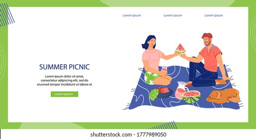Website homepage with picnic scene  outdoors.  Romantic couple dating on nature and having picnic. Landing page for summer leisure and recreation, camping and park activity, flat vector illustration.
