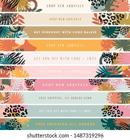 Website horizontal banner. Sale and news infoline. Exotic leaves and textures. Collage style. Vector illustration