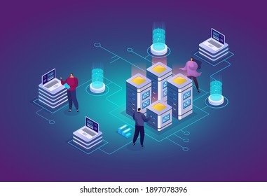 Website hosting abstract 3d isometric vector illustration. System administrators, data center engineers works with server. Development, maintenance and support of Internet sites.