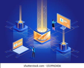 Website hosting abstract isometric illustration. System administrators, data center engineers 3D cartoon characters. Internet sites development, maintenance and support service dark blue concept