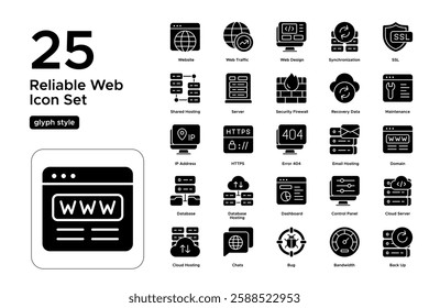 Website Hosting and Domain Names. Internet Infrastructure, Online Presence, and Digital Growth. Vector Illustration. Glyph solid icon set