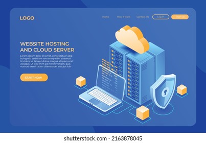 Website hosting landing page design, cloud computing and server isometric illustration concept