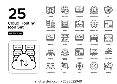 Website Hosting and Online Servers. Cloud Technology, Data Centers, and Digital Solutions. Vector Illustration. Outline icon set