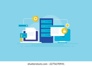 Website hosting service, Web servers hosting a secure website, Internet server for fast website loading - vector illustration banner with icons