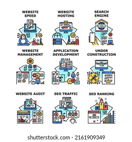 Website Hosting Set Icons Vector Illustrations. Website Hosting Speed And Management, Audit And Host, Seo Ranking And Traffic, Application Development And Under Construction Color Illustrations