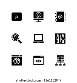 website icon. 9 website set with search, seo and web, code and speed test vector icons for web and mobile app