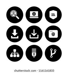 website icon. 9 website set with ui, code fork symbol, download and search vector icons for web and mobile app