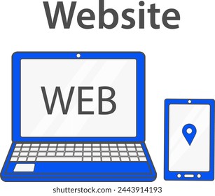  icono de sitio web, azul, computadora con teléfono, ilustración vectorial.