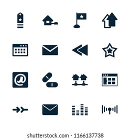 Website icon. collection of 16 website filled icons such as mail, browser window, pill, equalizer, home, at email, signal, arrow up. editable website icons for web and mobile.