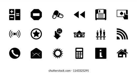 Website icon. collection of 18 website filled icons such as calculator, info, sun, pill, diskette, minus, rank, call. editable website icons for web and mobile.