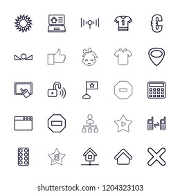 Website icon. collection of 25 website outline icons such as house building, finger on tablet, calculator, euro, t-shirt, sun, pill. editable website icons for web and mobile.