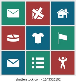 Website icon. collection of 9 website filled icons such as mail, bodybuilder, flag, menu, house building, t-shirt, pill. editable website icons for web and mobile.