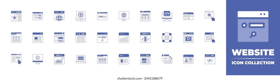 Website icon collection. Duotone style line stroke and bold. Vector illustration. Containing worldwide, monitor, settings, website, web, globe, web design, bar chart, coding, browser, screen.