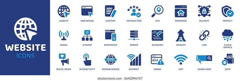 Site - Coleção de Ícones. O Thin Line Set contém ícones como Web, Site, Página, URL, Navegador, Domínio, Hospedagem e muito mais. Conjunto de ícones simples da Web.