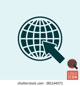 Website icon. Earth globe with arrow icon isolated, minimal design. Vector illustration