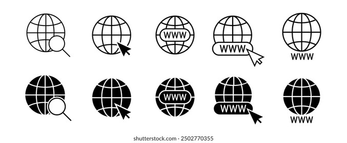 Website Icon. Globe icon set. World icon. Www icons with cursor. Vector www icon. 