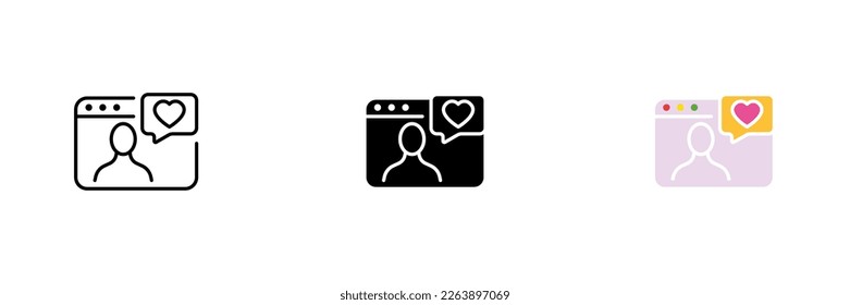 Website icon with a heart. Online dating sites, relationships, chatting, like dislike. Vector set of icons in line, black and colorful styles isolated on white background.