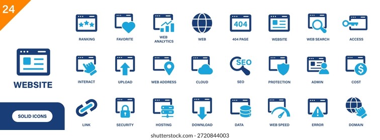 Ícone do site. Inclui página 404, SEO, endereço Web, nuvem, velocidade da Web, hospedagem. Conjunto de ícones de vetor sólido.