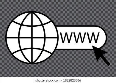 Website icon. Internet network symbol. Black online presence sign. Earth with cursor and letters. Vector illustration.