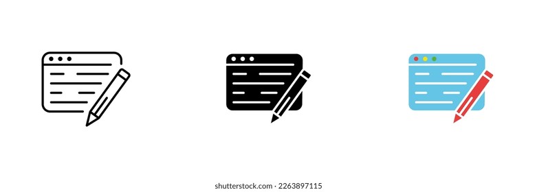 Icono de sitio web con un lápiz. Trabajo remoto, reescritura, copywriter, información en línea. Conjunto vectorial de iconos en línea, estilos negro y colorido aislados en fondo blanco.