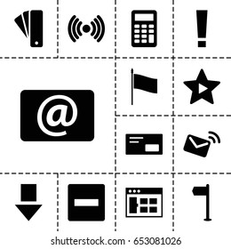 Website icon. set of 13 filled website icons such as tag, email, favorite music, calculator, envelop, mail, flag, browser window, minus, arrow down, signal