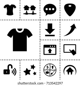 Website icon. set of 13 filled website icons such as finger on tablet, t-shirt, guitar mediator, download, star, home, opened security lock, t-shirt, marketing, arrow up, chat