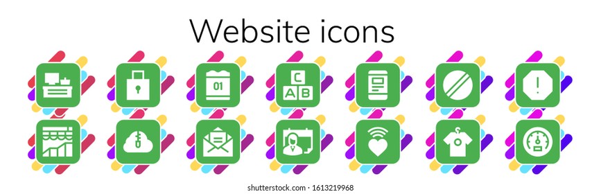 website icon set. 14 filled website icons. Included Cash register, Analytics, Padlock, Zip cloud, Calendar, Mail, Abc, Smartphone, Love, Pill, Shirt, Spam, Speedometer icons