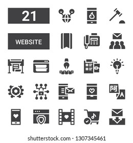 website icon set. Collection of 21 filled website icons included Email, Shopping cart, Video, Antivirus, Likes, Translation, Love, Mail, Padlock, Emblem, Inspiration, Notepad