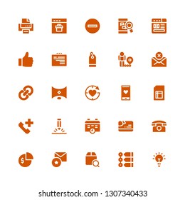 website icon set. Collection of 25 filled website icons included Inspiration, Timeline, Localize, Favorite, Pie chart, Telephone, Card, Calendar, Pencil, Phone call, Sheet, Likes